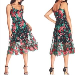 Dress the Population Uma Dress, black and red pink midi embroidered floral XS